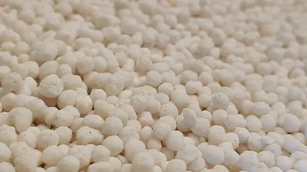 White nitrogen pearls to be used as fertiliser to cope with a nitrogen deficiency.